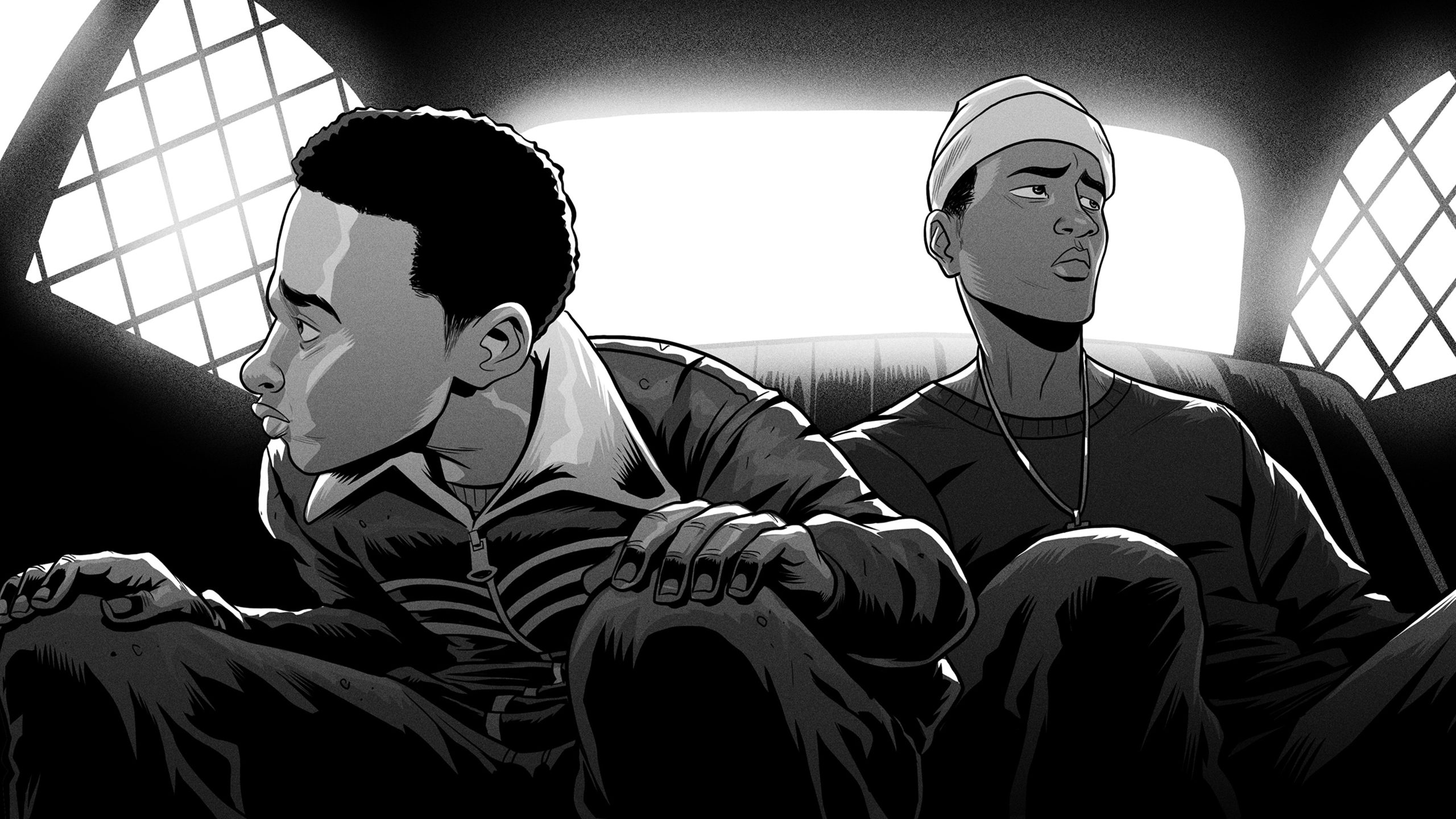 Two young men sit in the back of a police car, looking in opposite directions with serious expressions. The scene is in black and white.