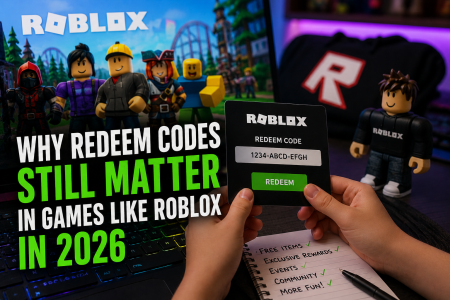 Why Redeem Codes Still Matter In Games Like Roblox In 2026 Hands hold a Roblox redeem code card in front of a notebook and Roblox toys, with on-screen text discussing the relevance of redeem codes in games like Roblox in 2026.