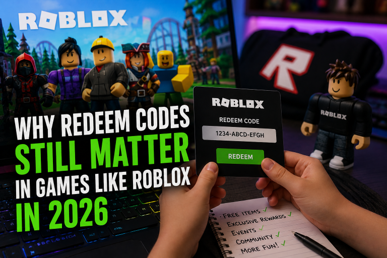 Why Redeem Codes Still Matter In Games Like Roblox In 2026 Hands hold a Roblox redeem code card in front of a notebook and Roblox toys, with on-screen text discussing the relevance of redeem codes in games like Roblox in 2026.
