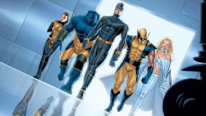 Five X-Men characters in superhero costumes walk confidently down a hallway in a futuristic, metallic setting, led by Wolverine at the center.