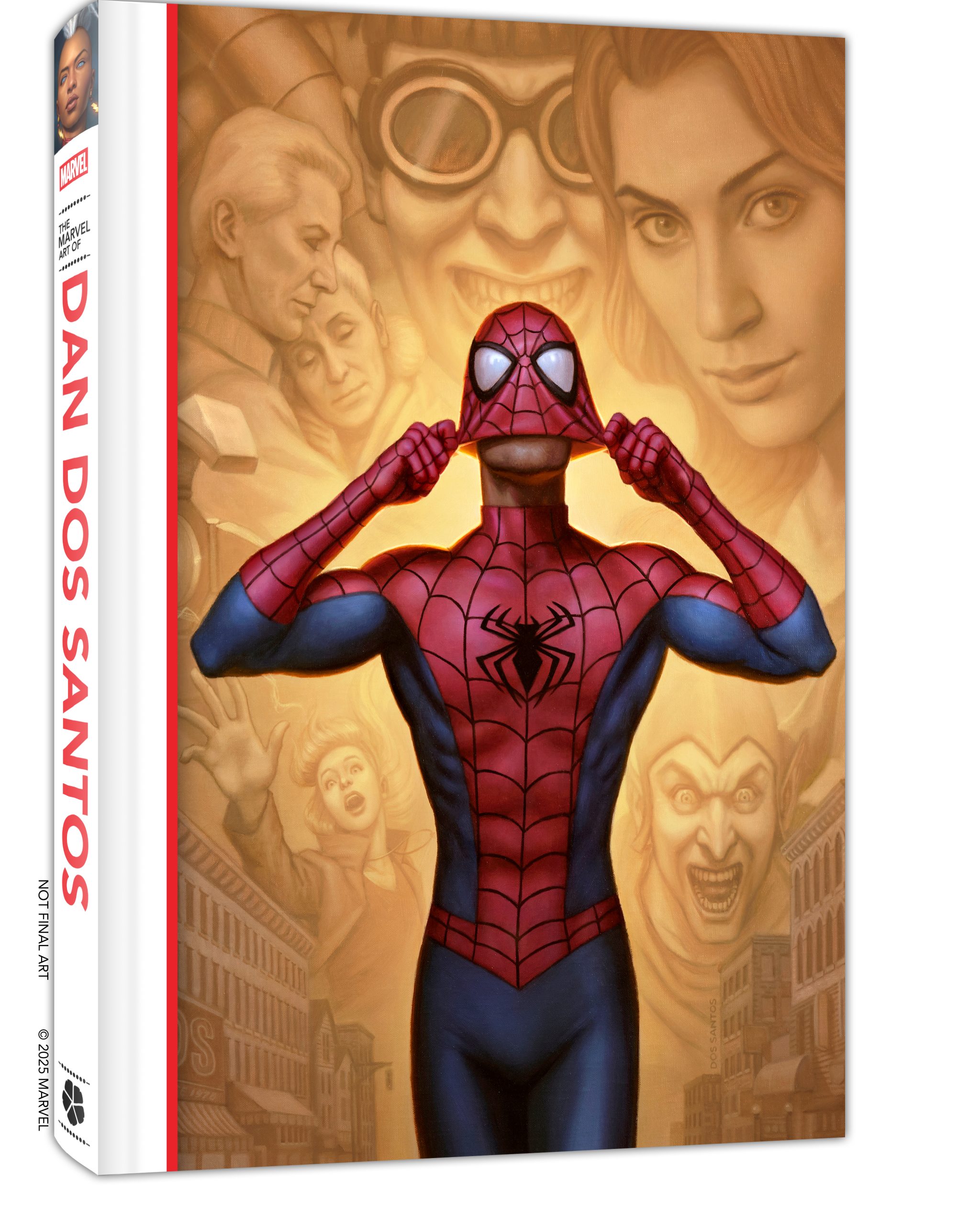 A painted book cover shows Spider-Man posing in the foreground, with detailed faces of various characters in the background and buildings on each side.