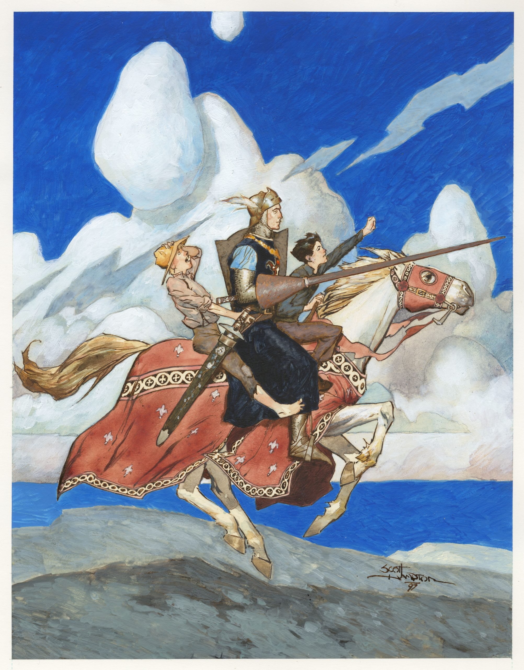 Three people in medieval-style clothing ride a horse with ornate tack across rocky terrain under a blue sky with large white clouds.