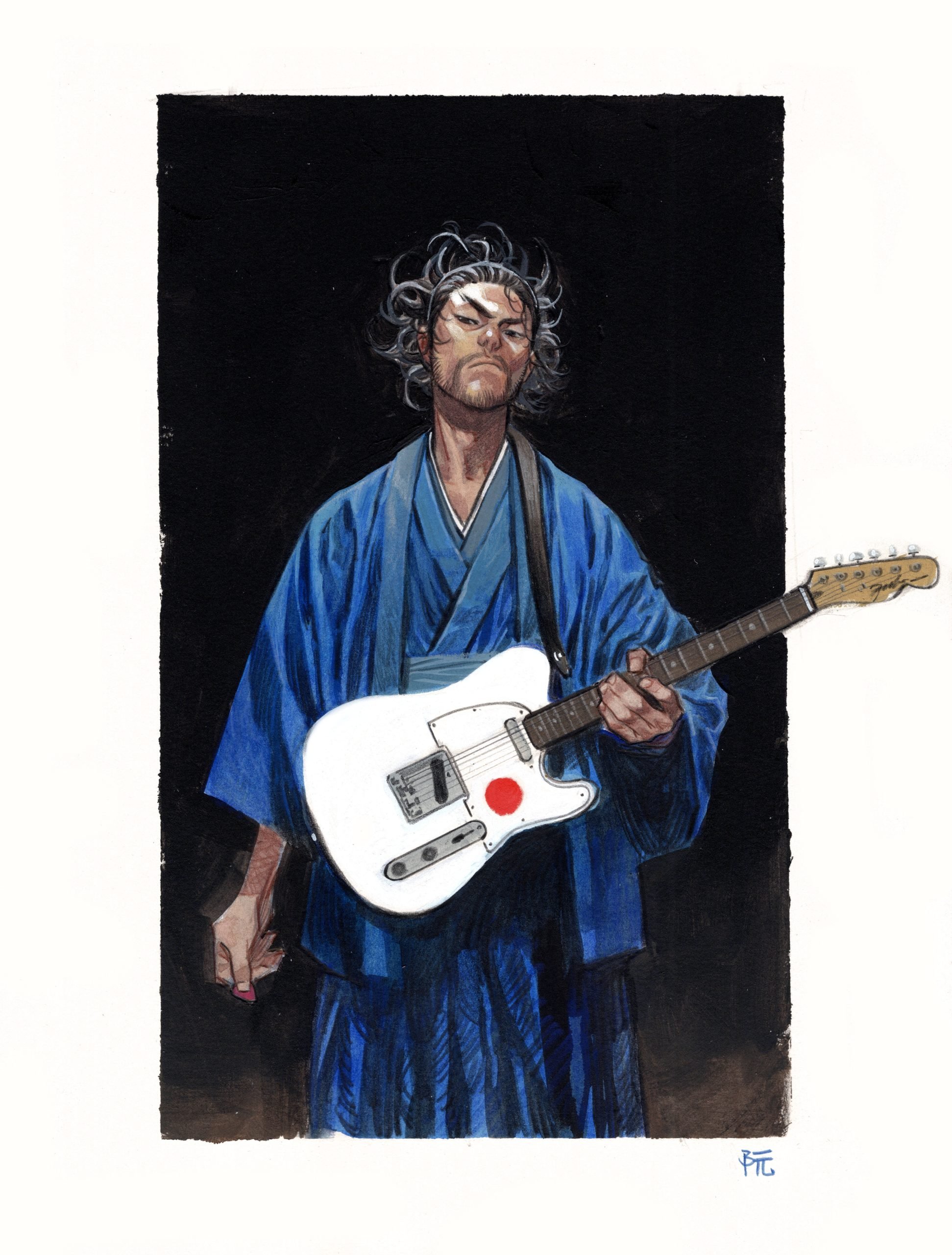 An illustrated man in a blue kimono holds an electric guitar with a red dot, standing against a dark background.