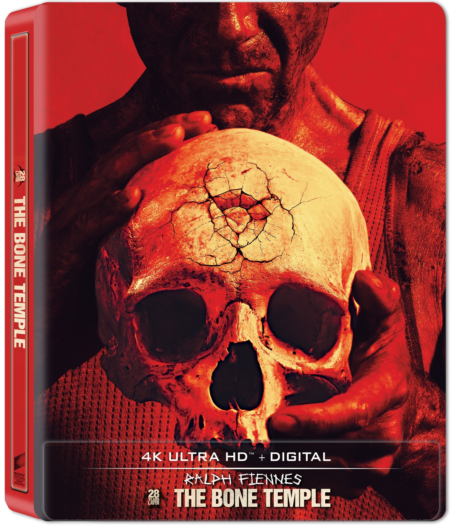A person holds a large, weathered skull with a cracked symbol on the forehead; "THE BONE TEMPLE" 4K Ultra HD cover art is shown.