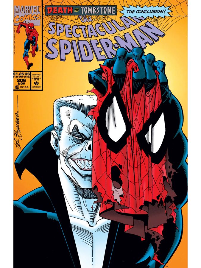 A grinning villain holds a torn Spider-Man mask on the cover of Marvel Comics’ “The Spectacular Spider-Man” Issue 205, titled "Death of Tombstone.