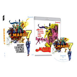 Blu-ray box set of the film "Maroc 7" featuring the cover, disc, and case art with illustrated characters and vintage design elements.