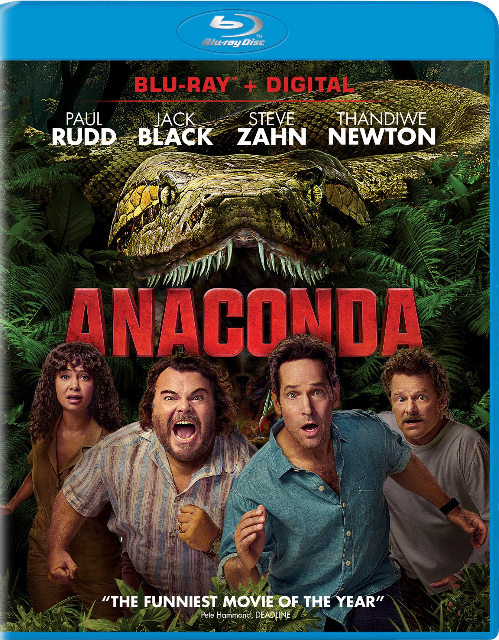 Blu-ray cover for the movie "Anaconda" featuring a large snake in the background and four surprised people in the foreground: Paul Rudd, Jack Black, Steve Zahn, and Thandiwe Newton.