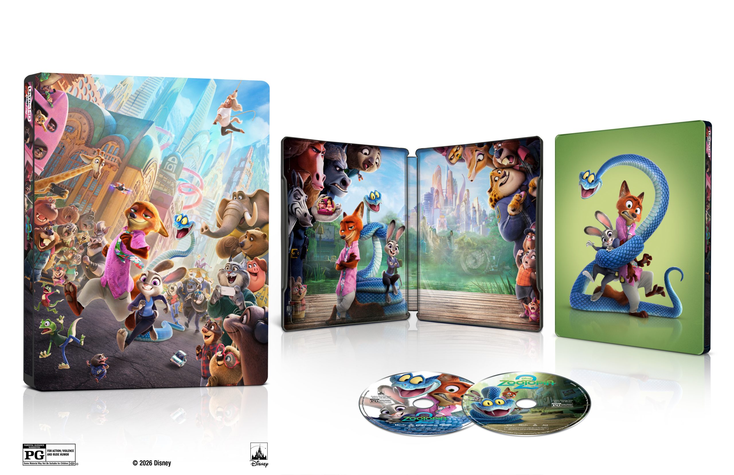 Zootopia Blu-ray steelbook set with illustrated case, interior artwork of movie characters, a green back cover, and two movie discs displayed in front.