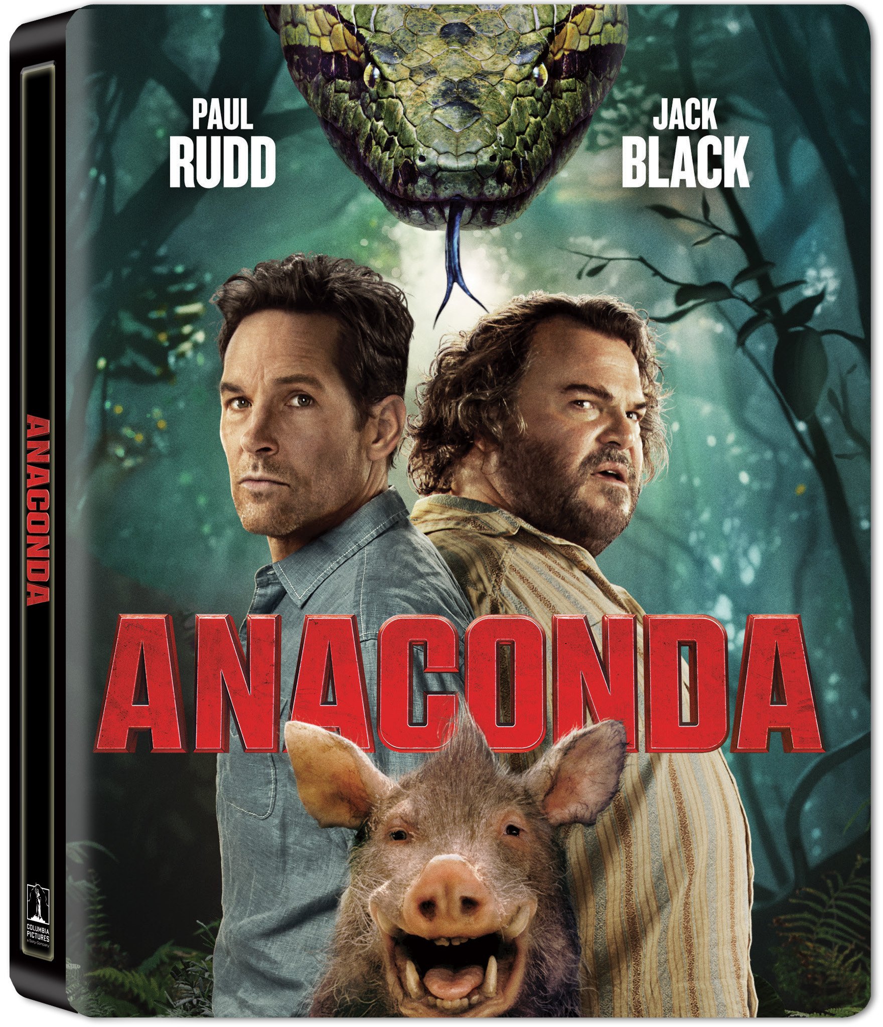 Movie poster for "Anaconda" featuring Paul Rudd and Jack Black, with a large snake, dense jungle background, and a wild boar in the foreground.