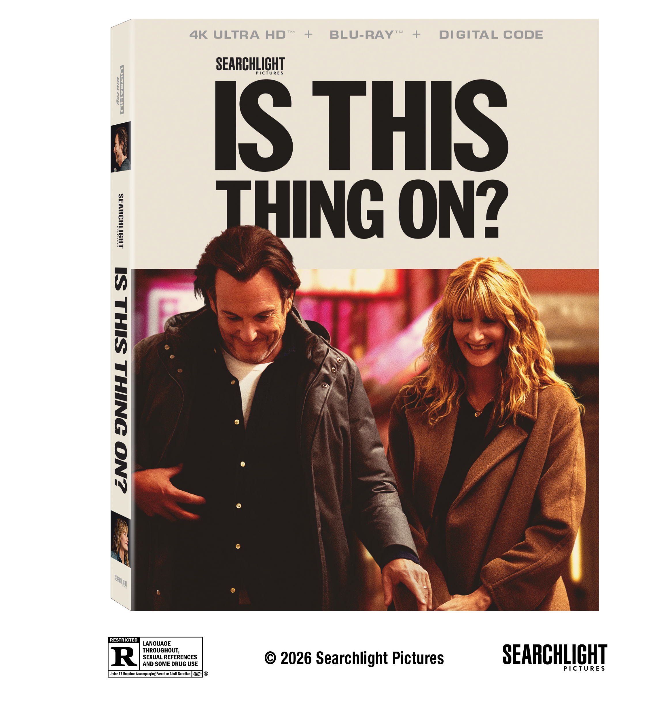 A 4K Ultra HD Blu-ray box for the film "Is This Thing On?" featuring a man and a woman smiling as they walk together.