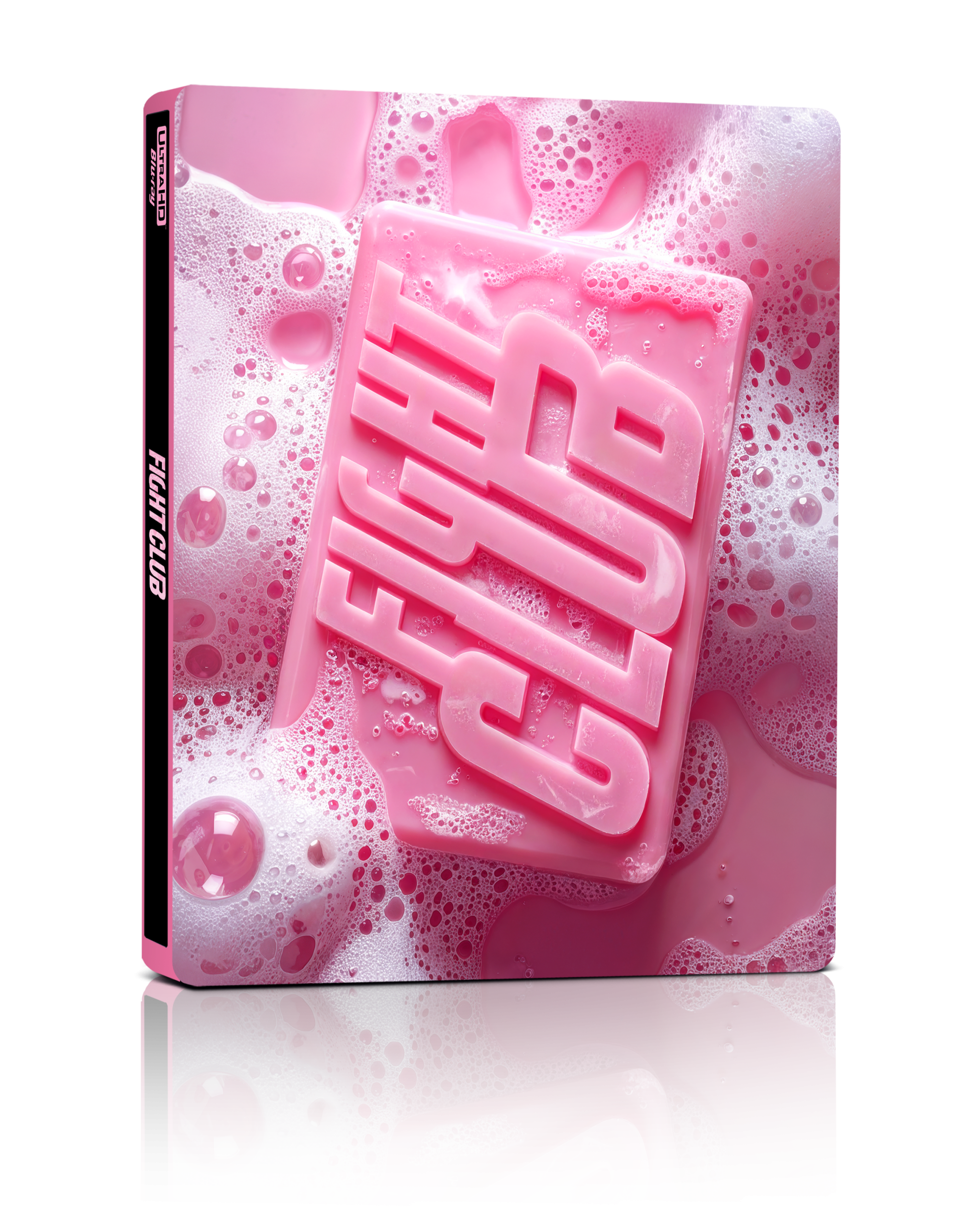 A pink bar of soap with the words "FIGHT CLUB" embossed on it, surrounded by pink and white soap bubbles, on a DVD or Blu-ray case.