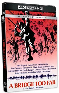 Blu-ray case for "A Bridge Too Far" featuring soldiers, parachutes, and cast names on a red and white illustrated cover.