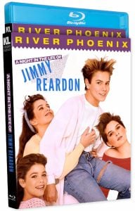 Blu-ray cover of the film "A Night in the Life of Jimmy Reardon" featuring River Phoenix and three other characters posing together against a white background.
