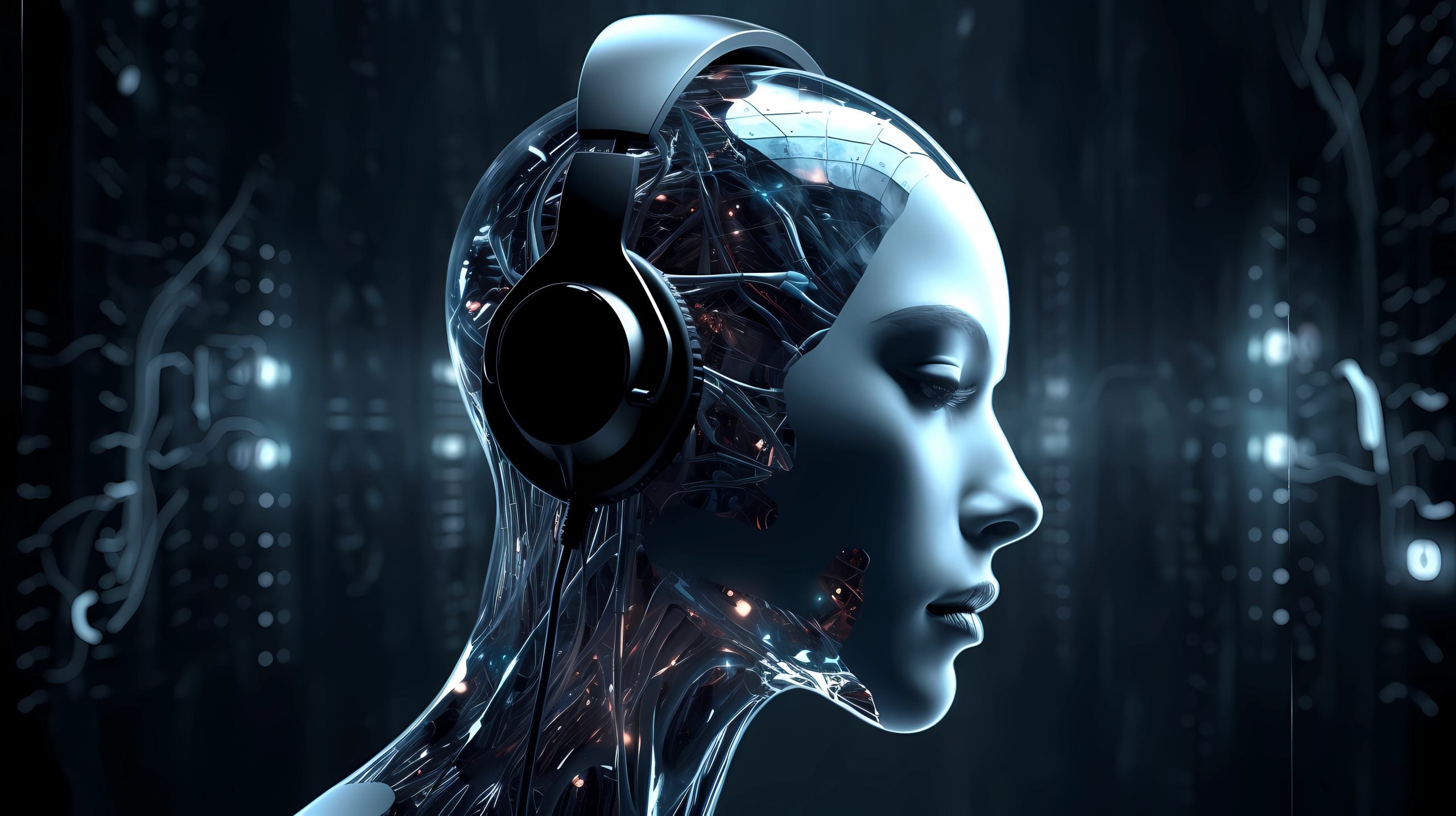 A futuristic humanoid robot with visible circuits and a smooth face wears large headphones, set against a dark, high-tech background.