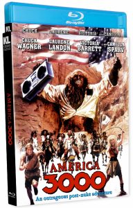 Blu-ray cover for "America 3000" featuring a group of armed people in post-apocalyptic attire with a large, hairy man holding a boombox above his head.