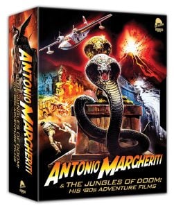 A DVD box set features dramatic artwork with a giant cobra, an erupting volcano, airplanes, explosions, and the text "Antonio Margheriti & The Jungles of Doom: His '80s Adventure Films.