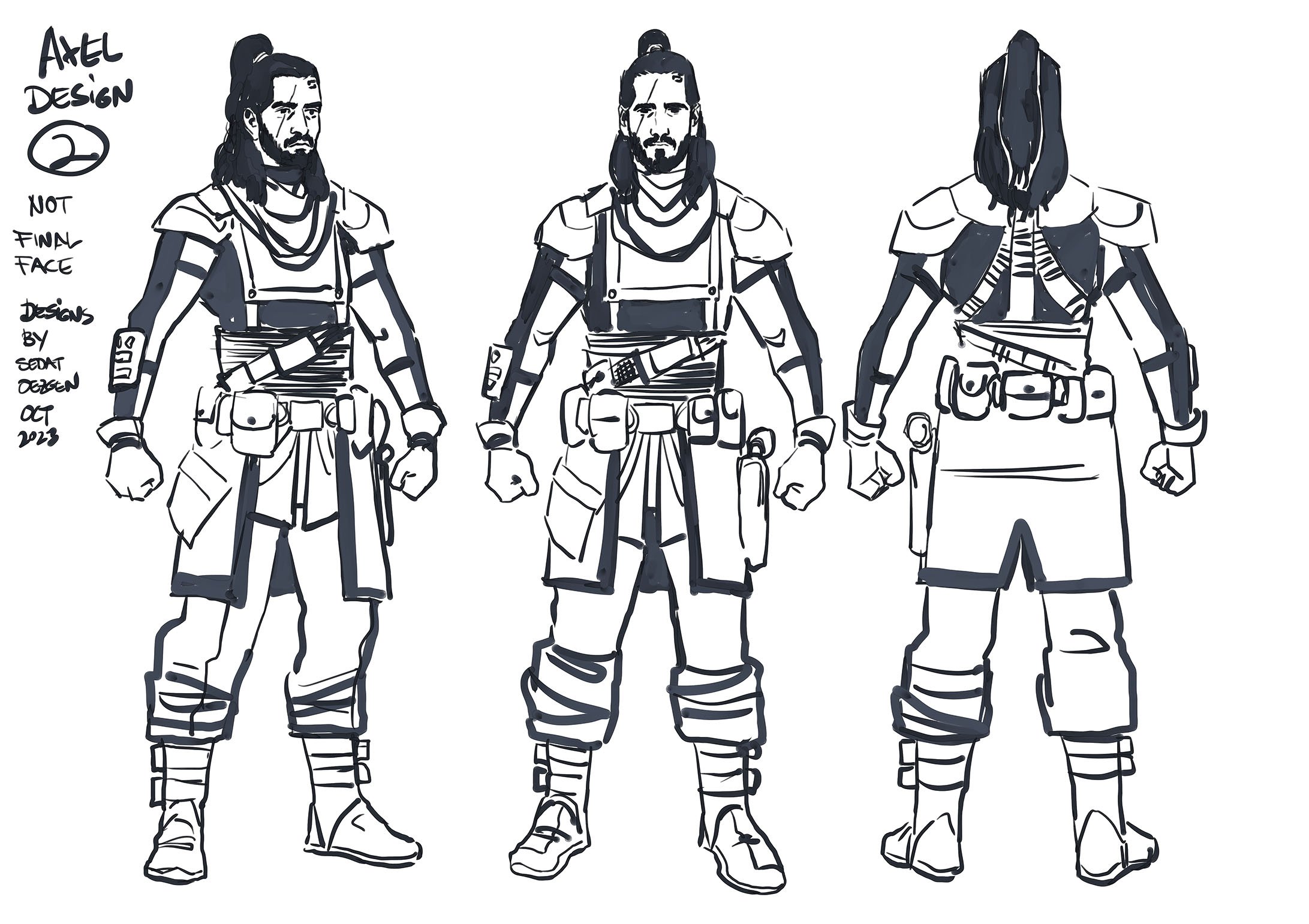 Character turnaround sketch showing a male figure with long hair and a beard, wearing layered armor and utility belts, viewed from front, side, and back. Text notes label the design as a work in progress.