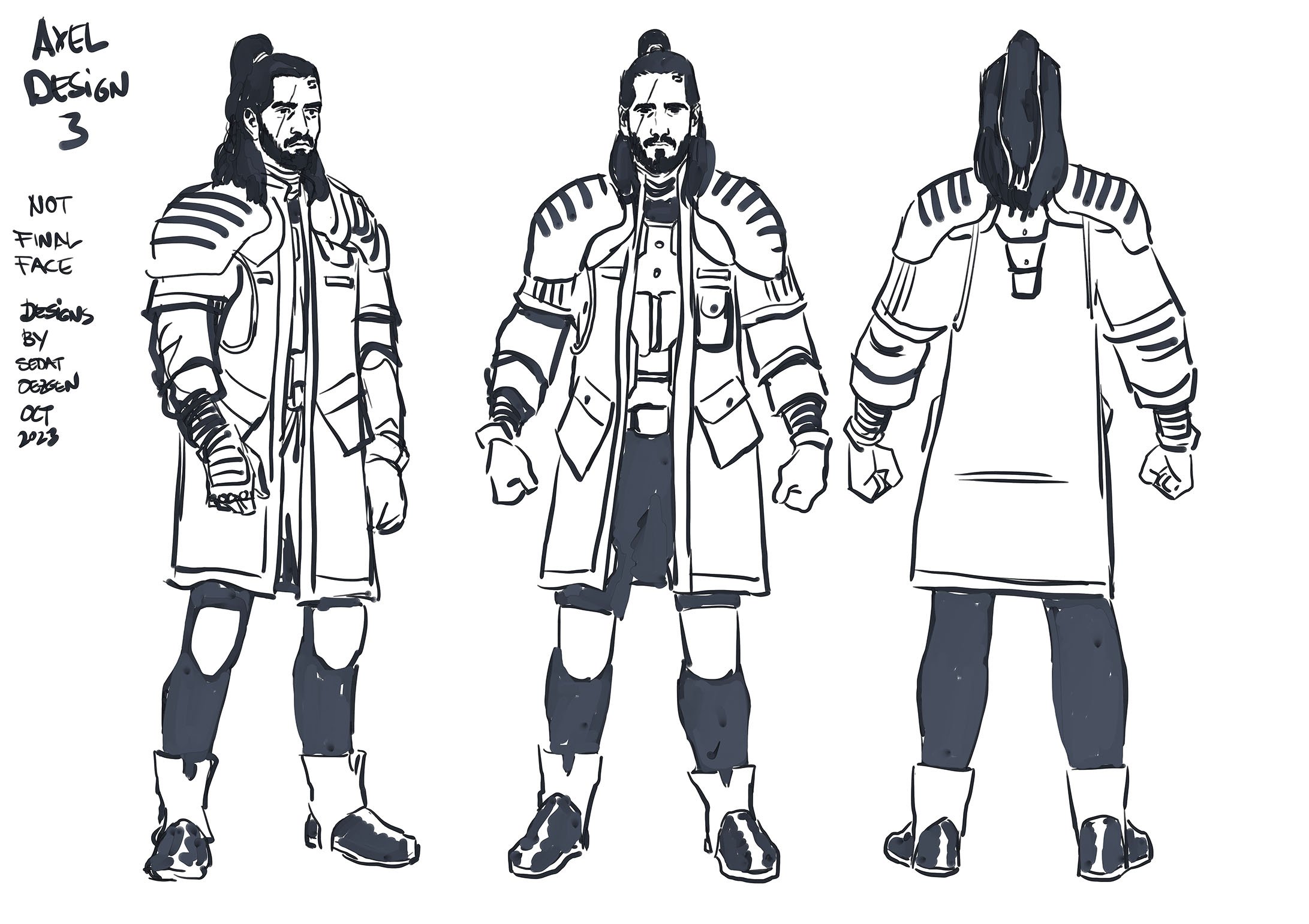Black and white character design sheet showing a man with long hair in three poses—side, front, and back—wearing a long coat, shoulder armor, gloves, and boots. Notes are written on the left.