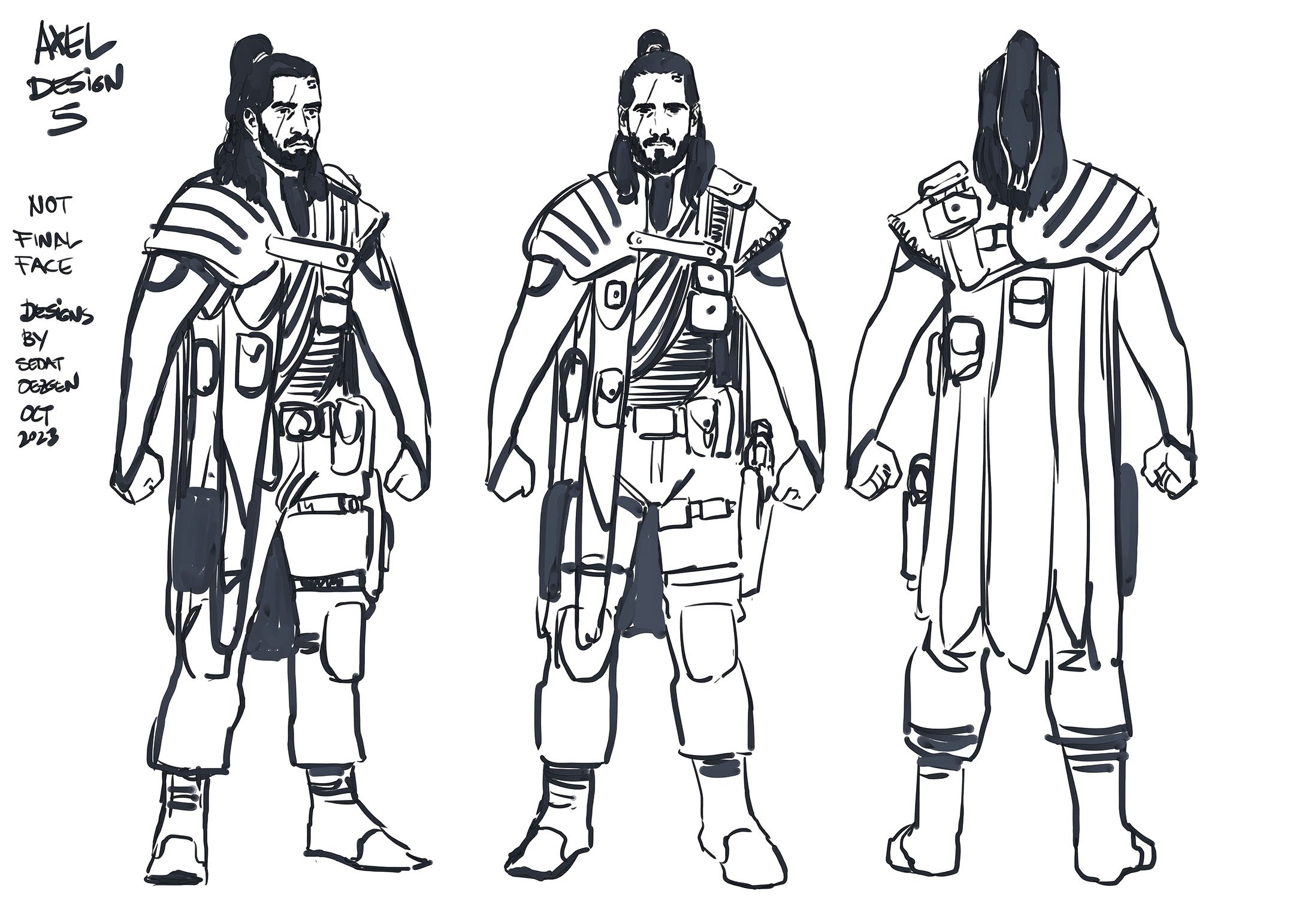 Black and white character design sketch showing a male figure with long hair and a beard, wearing layered clothing, armor, and pouches, depicted from front, side, and back views.
