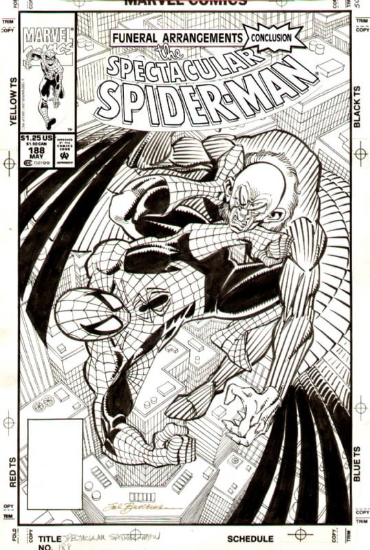 Black and white comic cover art featuring Spider-Man battling the Vulture in mid-air above a cityscape, with issue details and editing marks visible around the edges.