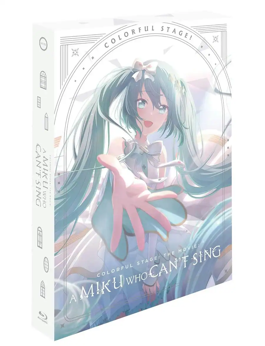 The image shows a Blu-ray case for "Colorful Stage! The Movie: A Miku Who Can't Sing," featuring an illustrated character with long teal hair reaching out.