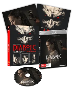 A Blu-ray and DVD set of the film "Diabolic" featuring a woman, sinister eyes, and a clawed hand on the cover, with included poster and disc.