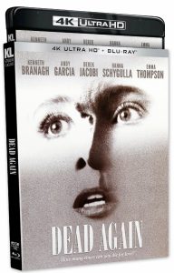 4K Ultra HD and Blu-ray case for the film "Dead Again," featuring a close-up of a woman's fearful face and the cast listed above the title.