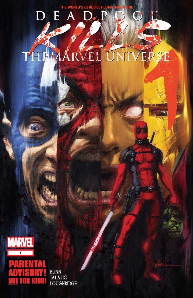 Comic book cover for "Deadpool Kills the Marvel Universe" featuring Deadpool with fragmented faces of Captain America, Wolverine, and Spider-Man in the background.
