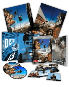 A Blu-ray set of "District 13" films, including two discs, illustrated covers, character art cards, and posters featuring action scenes and dynamic parkour imagery.