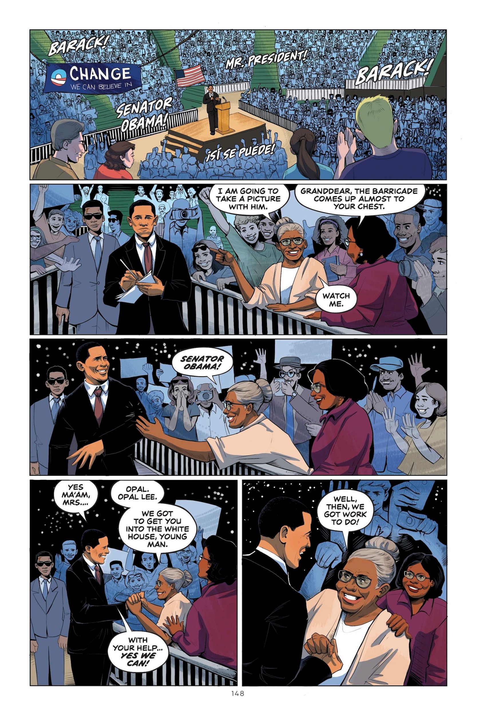 A comic page shows Barack Obama at a campaign rally, interacting with supporters and inviting an elderly woman and her granddaughter to meet him at the White House.