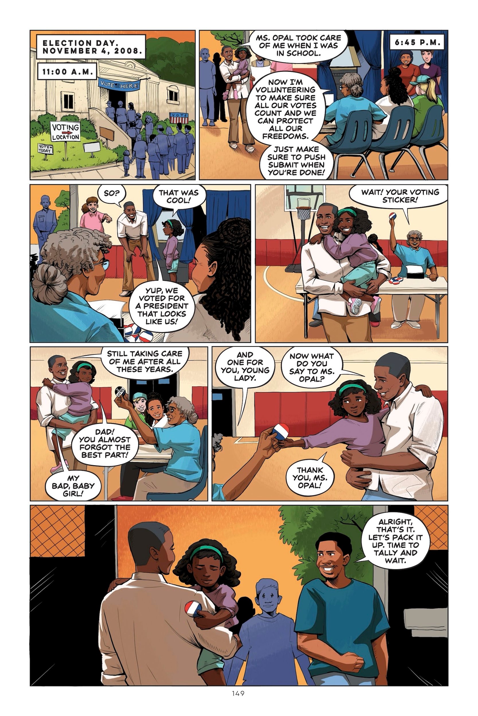 A family and other people are at a polling place on Election Day 2008; a woman votes and receives a sticker, then gives it to a young girl as her family watches.