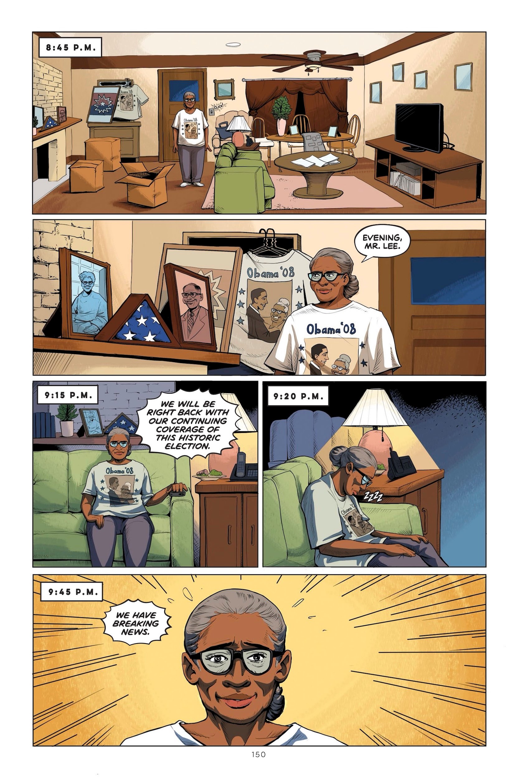 A comic page of a woman in a room.