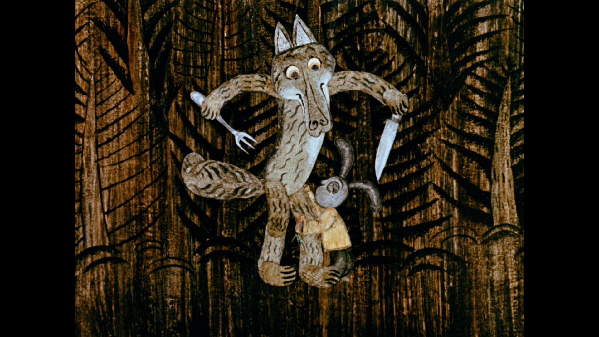 An illustrated wolf holding a knife and fork grabs a small rabbit in a forest background.