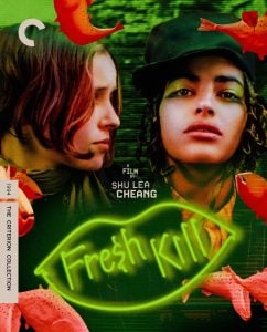 Two people stand among floating orange fish with "Fresh Kill" in bright neon green text overlaid; the image is labeled as a film by Shu Lea Cheang from The Criterion Collection.