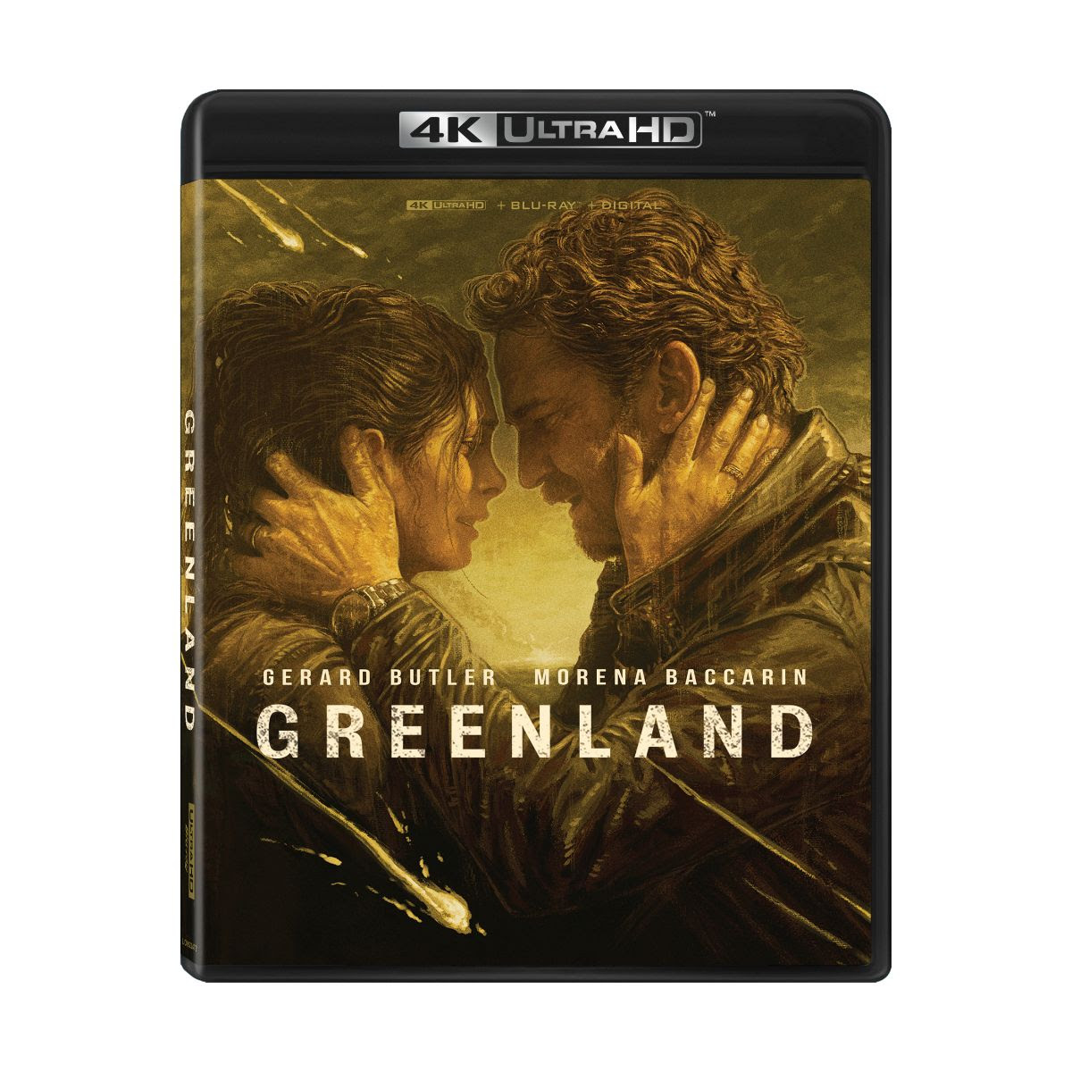 4K Ultra HD cover of the movie "Greenland," featuring two people holding each other's faces closely, with actors Gerard Butler and Morena Baccarin's names listed.