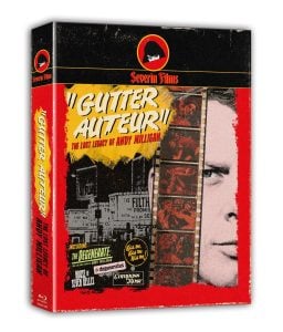 Blu-ray box set titled "Gutter Auteur: The Lost Legacy of Andy Milligan" featuring a collage of film stills and a partial face on the cover, produced by Severin Films.