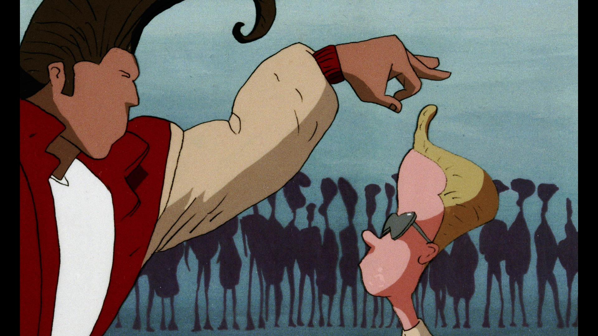 A tall character with exaggerated hair and a red jacket gestures above the head of a shorter character wearing sunglasses, with a crowd silhouetted in the background.