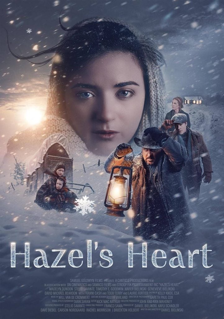 Movie poster for "Hazel's Heart" shows a woman's face superimposed over snowy scenes, with characters holding a lantern and dressed in winter clothing.