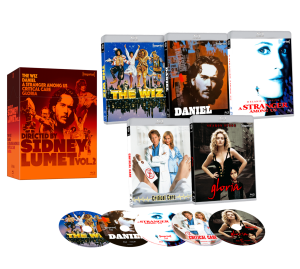 Box set titled "Directed by Sidney Lumet Vol. 2" with five Blu-ray movie cases and discs: The Wiz, Daniel, A Stranger Among Us, Critical Care, and Gloria.