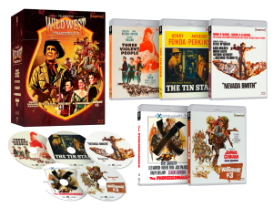Box set titled "Wild West Collection One" featuring four Western movie Blu-ray and DVD cases, corresponding discs, and cover art for "Three Violent People," "The Tin Star," "Nevada Smith," and "The Professionals.