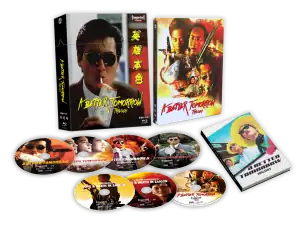 A box set of “A Better Tomorrow Trilogy” with illustrated covers, five discs, and a booklet, all displayed on a black background.
