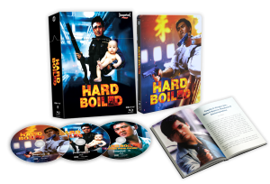A collector’s edition of "Hard Boiled" featuring a box, Blu-ray case, three discs with different cover art, and an open booklet with film information and photos.
