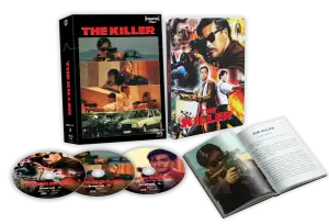 Box set of "The Killer" movie featuring a case, three DVDs with different images, and an open booklet displaying photos and text related to the film.