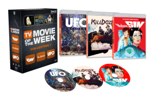 Box set of "TV Movie of the Week Collection 5" with cover art for "UFO Incident," "Killdozer," "S*W," and three matching DVDs displayed in front.