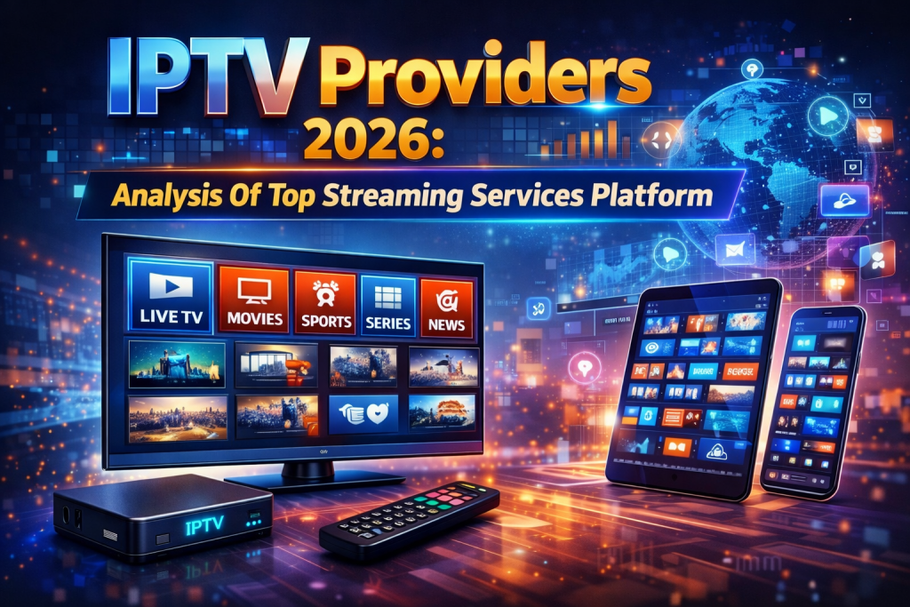 A digital graphic displays “IPTV Providers 2026: Analysis Of Top Streaming Services Platform” with screens showing various streaming app icons and a global tech-themed background.
