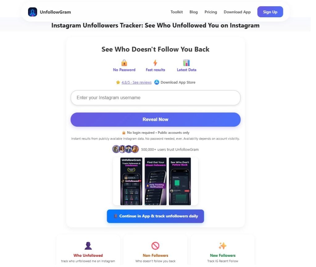 Screenshot of a web page for "UnfollowGram," an Instagram unfollower tracker, showing options to enter a username, download an app, and see who doesn't follow you back.