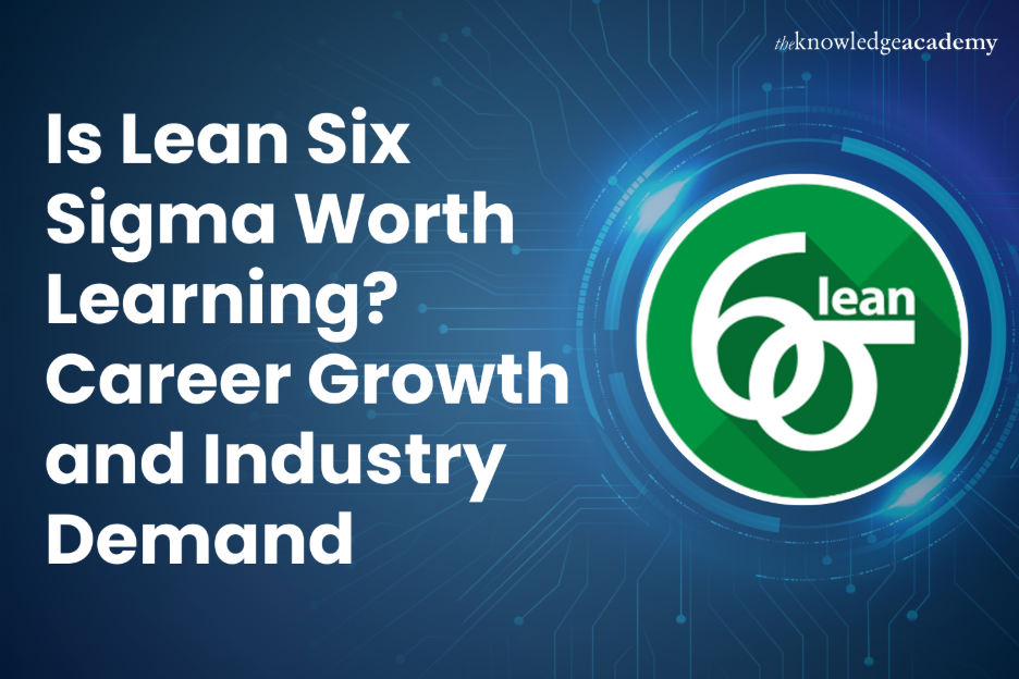 A digital graphic with the text "Is Lean Six Sigma Worth Learning? Career Growth and Industry Demand" beside the Lean Six Sigma logo on a blue tech-themed background.