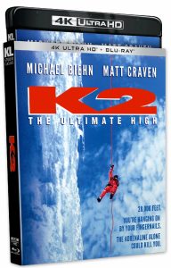 A Blu-ray and 4K Ultra HD cover for the film "K2," featuring a climber in red gear scaling an icy, vertical mountain face against a blue sky.