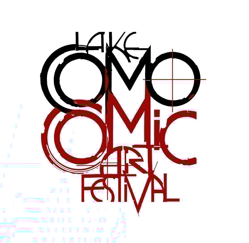 Stylized text logo for Lake Como Comic Art Festival, featuring overlapping black and red letters on a white background.