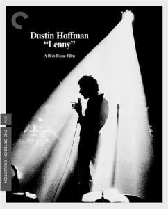 A black-and-white poster shows a silhouetted man holding a microphone on stage, with bold text reading “Dustin Hoffman ‘Lenny’ A Bob Fosse Film” above him.